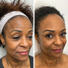 Woman's Face Skin Before and After Aesthetic Beauty Cosmetic Treatments with Removed Skin Wrinkles