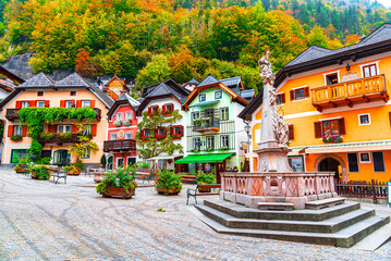 Hallstatt, Austria, Salzkammergut region: Morning view of Marktplatz Hallstatt, scenic village in world famous alpine village in Upper Austria, Europe