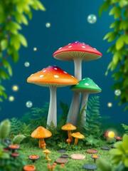 A captivating image of tall, multicolored mushrooms with a dreamy glow amidst ferns and soft light.