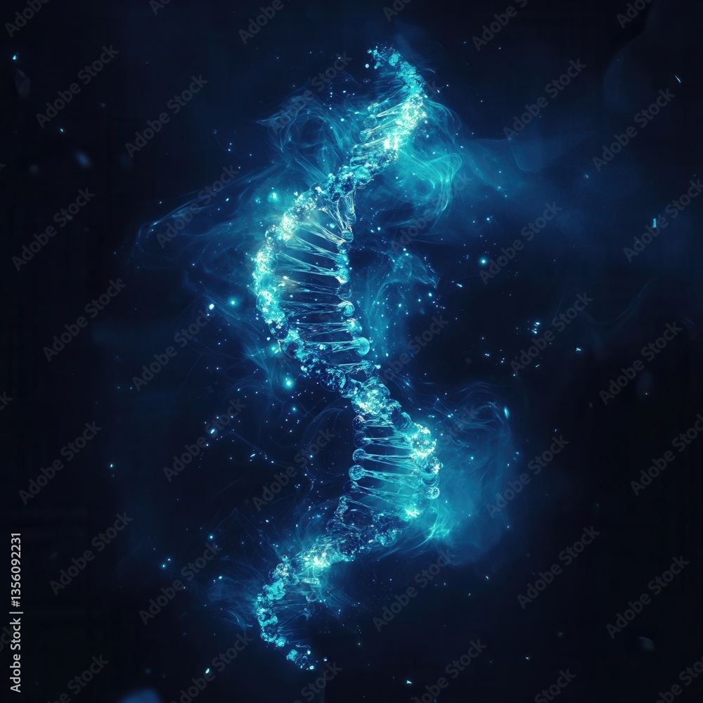 Aufkleber abstract representation of dna helix with glowing effects and blue mist on dark background for scien