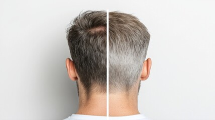 Obraz premium A detailed view of a man's hair from the back, showcasing a contrast between thinning and well-groomed sections.