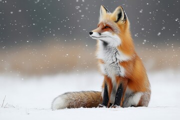 Red fox sitting gracefully in the snow during a winter snowfall in a serene landscape
