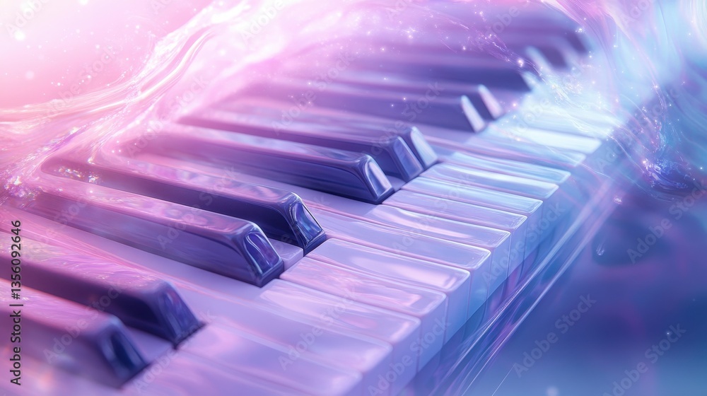Poster melodic keys in luminescence: an ethereal display of a piano keyboard, each key subtly illuminated b