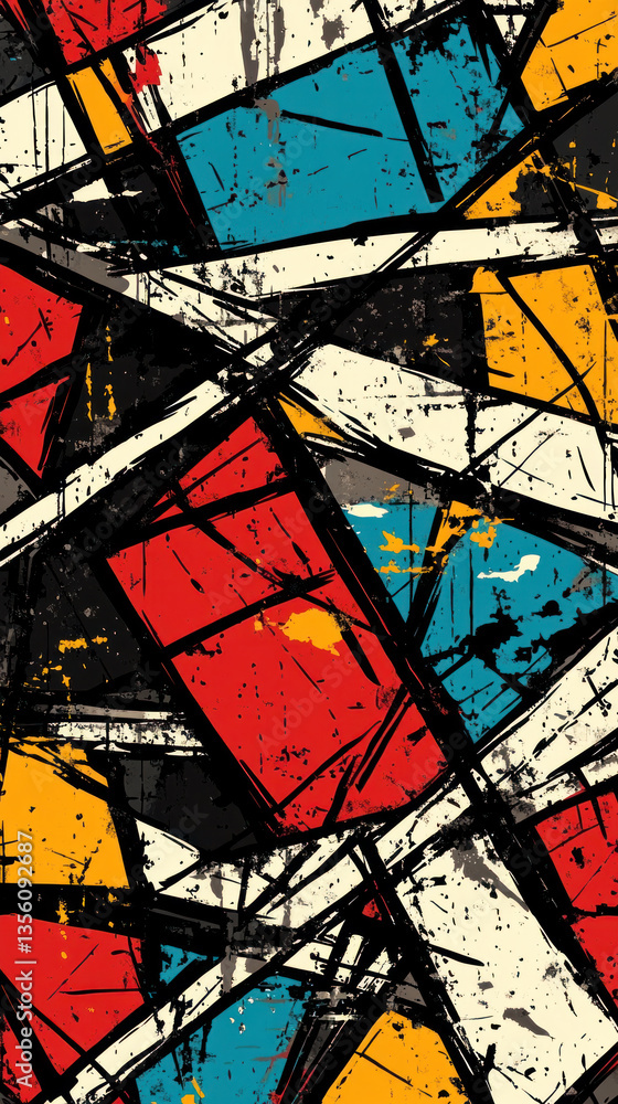 Poster a colorful abstract painting with splatters of paint. the painting is made up of various shapes and 