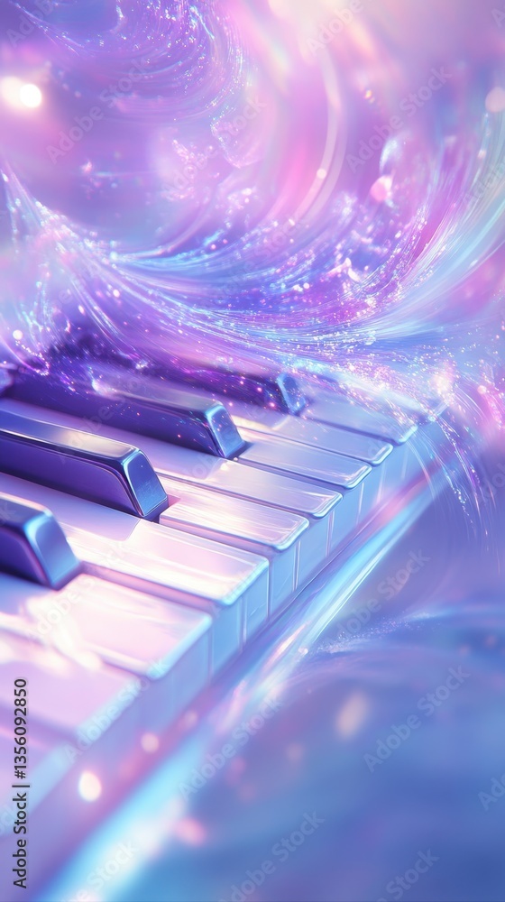 Poster celestial keys: the mesmerizing image of piano keys surrounded by a cosmic, ethereal display of ligh