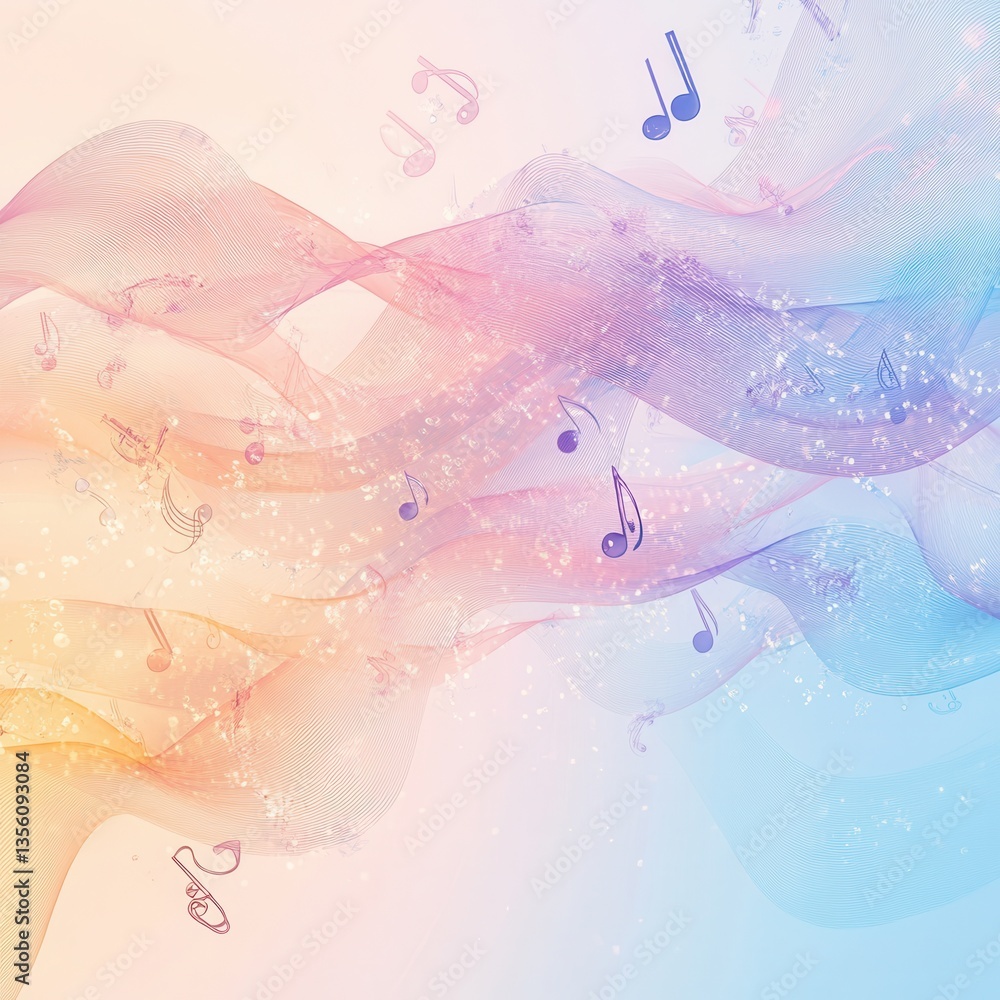Poster melodic waves of color: abstract artistic rendering of flowing fabric adorned with musical notes. th