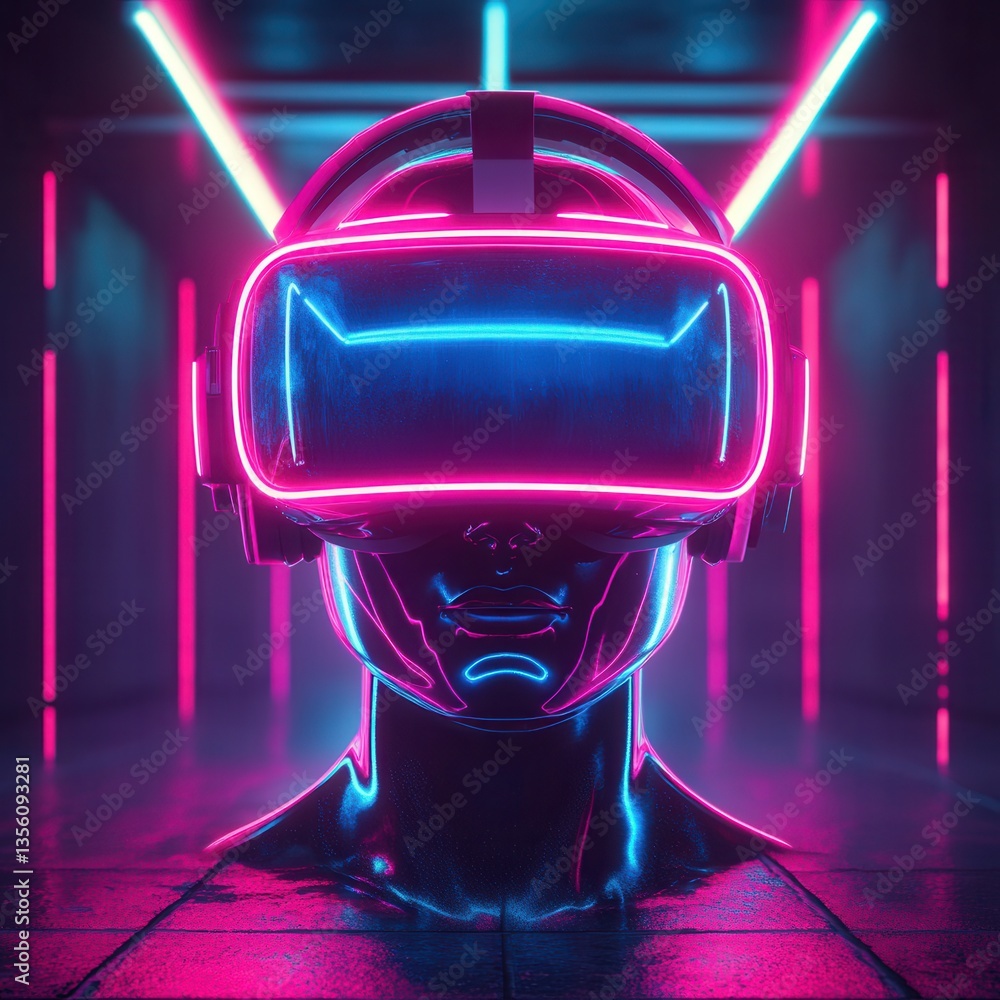Poster futuristic neon virtual reality headset displayed in tech-inspired setting with bright colors and re