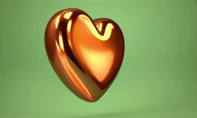 Vibrant gold 3d heart spinning smoothly with a mesmerizing shine, catching ambient light beautifully on a solid green background