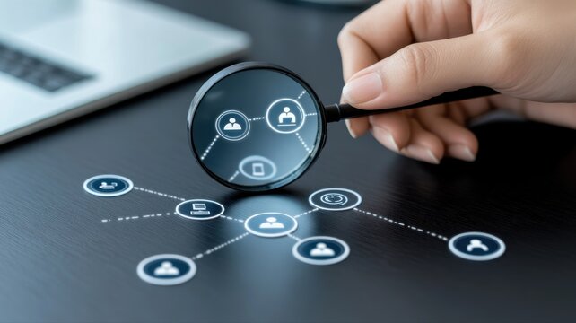 A hand holding a magnifying glass examining digital connections on a surface, symbolizing analysis and connection.
