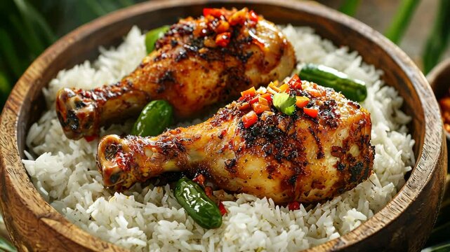 A wooden bowl filled with white rice, surrounded by chicken sizzling in oil and spices on the side, generative AI