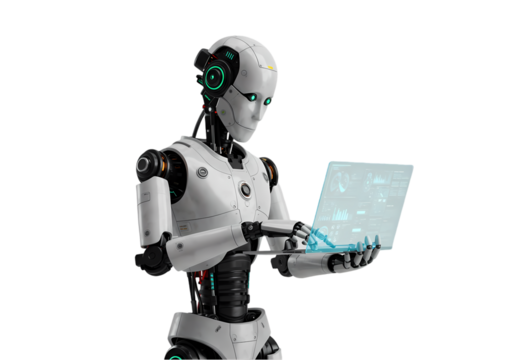 AI Robot using Laptop Futuristic Technology Image isolated on transparent background