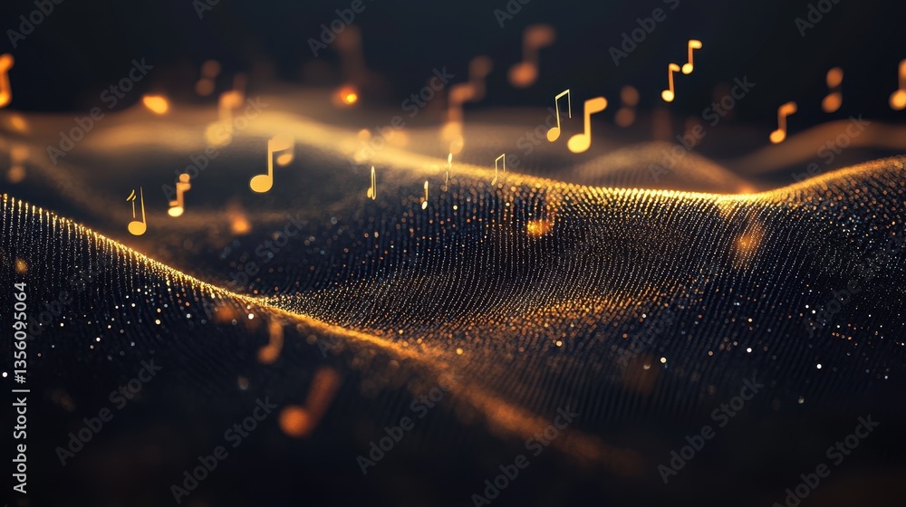 Poster melodic waves: illuminated music notes dancing in a mesmerizing wave of golden light. a captivating 