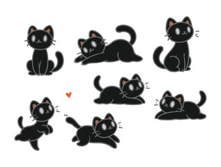 Set of black cats in various forms with hand-drawn vector illustrations. Doodle line art style, isolated and easy to use for creative projects and designs.