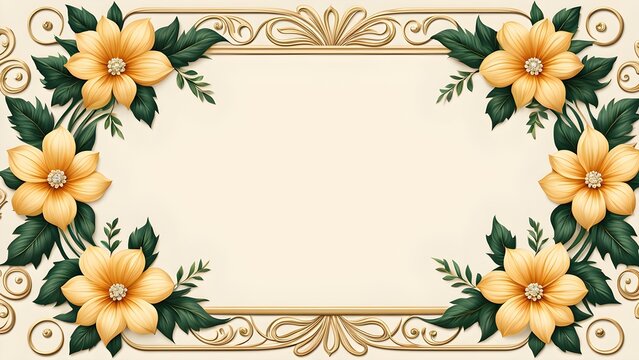 Cream background ornate gold frame yellow flowers, ideal invitations announcements.