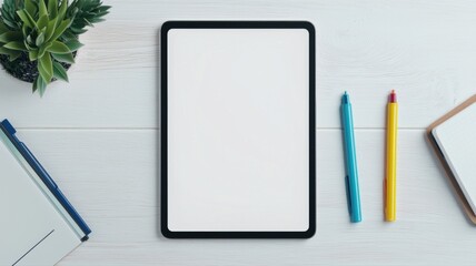 A minimal workspace featuring a tablet, colorful pens, and a plant on a wooden desk, ideal for productivity.