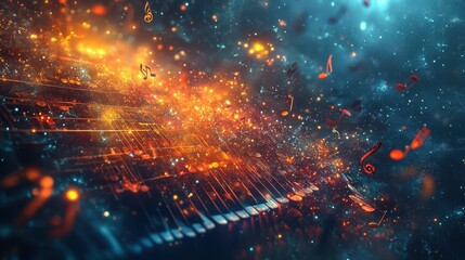 Obraz premium Celestial Symphony: A visual symphony of musical notes explodes in a vibrant display, with a piano keyboard at the forefront of a cosmic backdrop.