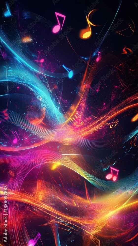 Poster musical symphony of colors: a visually stunning composition of swirling neon-hued ribbons and floati