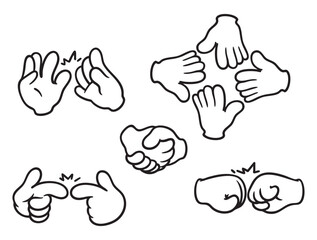Set of Hands Together Symbol in various poses Teamwork and Cooperation Partnership Handshake, Meeting Sign with hand-drawn vector illustrations. Doodle line art style, isolated and easy to use for cre