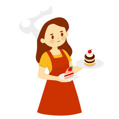 girl holding cake vector. woman chef in red apron baking and preparing a variety of dishes