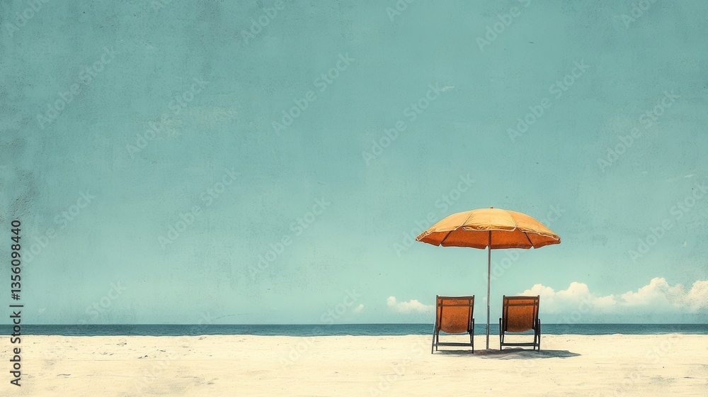 Poster serene beach scene with two empty chairs beneath a bright umbrella on a calm day with clear blue sky