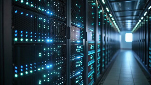 Quantum Computing Concept. Illuminated Data Center Servers Glowing Network Abstract Technology Digital Infrastructure
