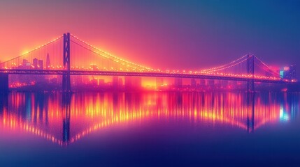 Fototapeta premium Vibrant Nightscape of Illuminated Bridge Reflecting in Calm Water with Colorful City Skyline in Background