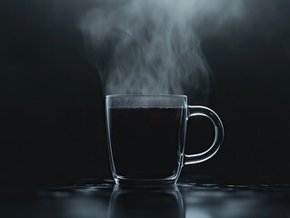 A steaming cup of black coffee in the dark night, on black background