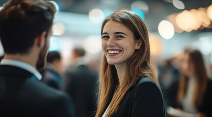 A group of professionals at the trade show enthusiastically discusses business changes, focusing on sustainability, collaboration, and strategic corporate planning.