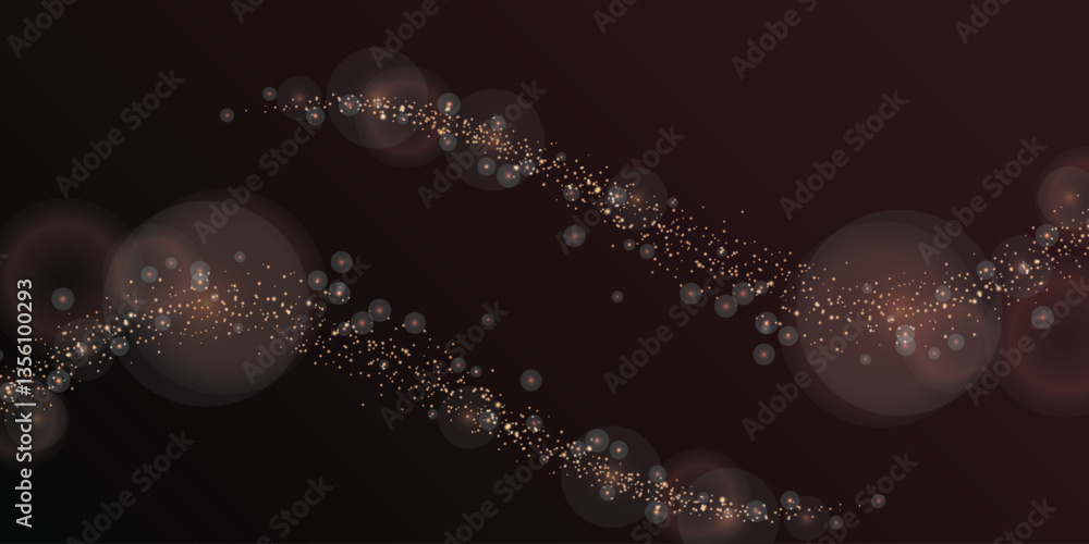Poster two wispy, curved lines of light, digital design. sparkling bokeh effect, dark red background. abstr