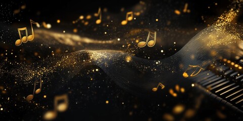 Golden Melody: An elegant piano keyboard, awash in a symphony of golden musical notes and shimmering particles, evoking the rich, resonant sound of a musical piece.