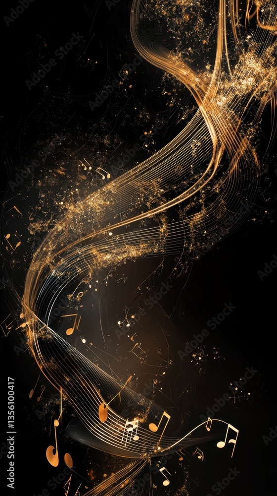 Poster melodic symphony: a mesmerizing visual symphony of music notes and swirling elements, creating an ab