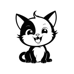 A black and white vector illustration of a baby cat with a big smile, playfully chasing its tail on a white background