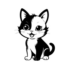 A black and white vector silhouette of a baby cat with a happy face, ears flopping as it plays on a white background,