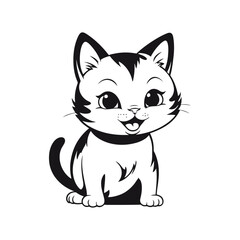 A black and white vector silhouette of a baby cat with a sweet smile, sitting in a relaxed pose on a white background
