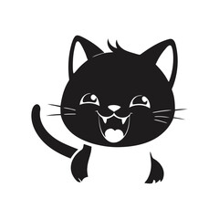 A sleek black and white vector illustration of a happy baby cat with open paws, ready for a hug on a white background