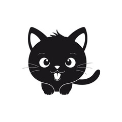 A black and white vector silhouette of a baby cat with a joyful grin, full of energy and cuteness on a white background