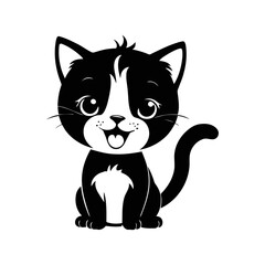 A black and white vector silhouette of a happy baby cat looking up excitedly, wagging its little tail on a white background,