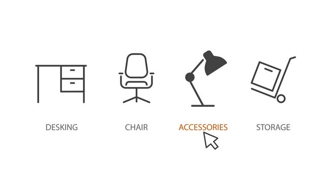 desk set icon animation with outline style on white background including table or desk, chair, lamp or accessories desk, and storage.