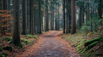Obraz premium Forest path leading to a clearing in a misty, autumnal forest