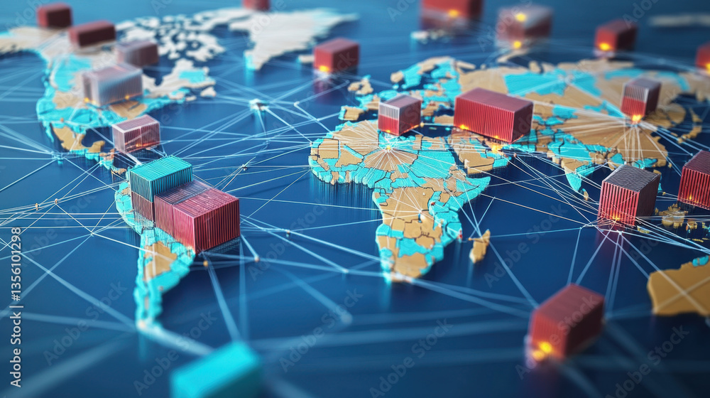 Poster digital representation of global supply chain features world map with interconnected shipping contai