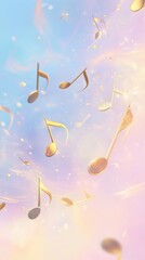 Melodic Ascent: Floating musical notes cascade gracefully through a dreamlike, pastel-hued sky, evoking a sense of serenity and the ethereal beauty of sound. 