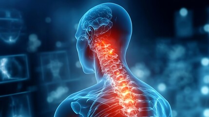 A futuristic digital artwork of a slouching person experiencing neck pain, x-ray transparency highlighting compressed vertebrae in glowing red, cool blue medical backdrop, high-tech medical rendering,