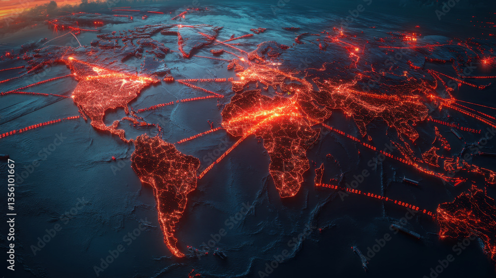 Poster glowing world map highlights global supply chains with risk zones marked in red, illustrating interc
