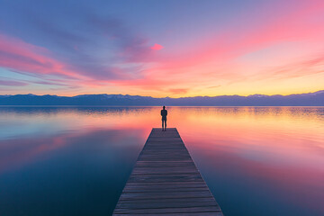 Back view of person  standing at large lake with beautiful  sunset light