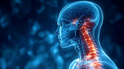 A high-tech medical visualization of a person suffering from Tech Neck, exaggerated forward head posture, x-ray transparency showing red inflamed vertebrae, deep blue clinical background,