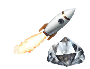 Oreo cookies falling down, flying around, from different angles, on a transparent background - A small rocket taking off next to a large diamond, against a transparent background.