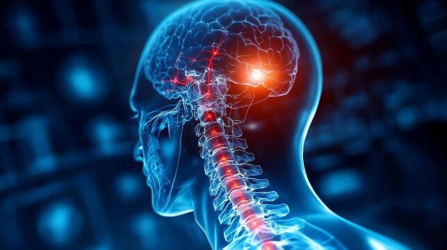 A hyper-detailed digital medical scan of a person in pain, x-ray overlay displaying bright red nerve compression along the cervical spine, futuristic blue medical gradient background,