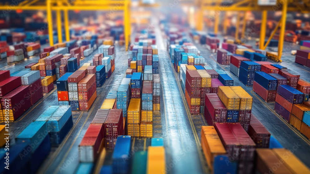 Poster aerial view of bustling shipping port with colorful cargo containers neatly arranged, showcasing com