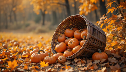 An autumn landscape showcasing a tipped wicker basket overflowing with pumpkins, surrounded by vibrant orange and yellow leaves