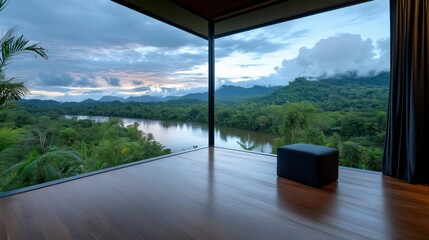 Fototapeta premium Scenic river view from a modern wooden deck overlooking lush tropical landscape during twilight